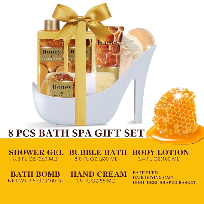 Christmas Gifts for Women, Honey Spa Gift Basket for Women, Bath Set with Golden Bath Bombs & Skin-Repairing Butter, Anniversary Gifts for Her, Wife, Girlfriend