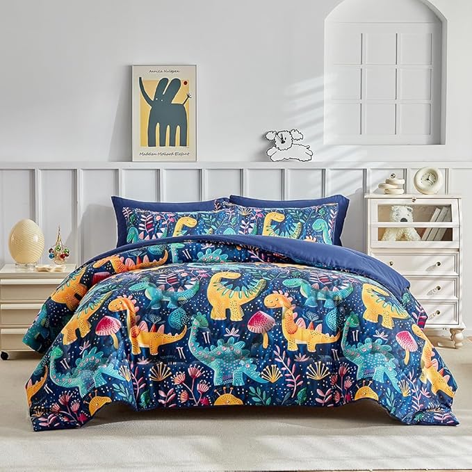 Wajade 7 Piece Dinosaur Comforter Set for Boys 3D Blue Dinosaur Print Bedding Set for Kids Teens Bed in A Bag Full Size (1 Comforter, 1 Flat Sheet, 1 Fitted Sheet, 2 Pillowcase and 2 Pillow Sham)