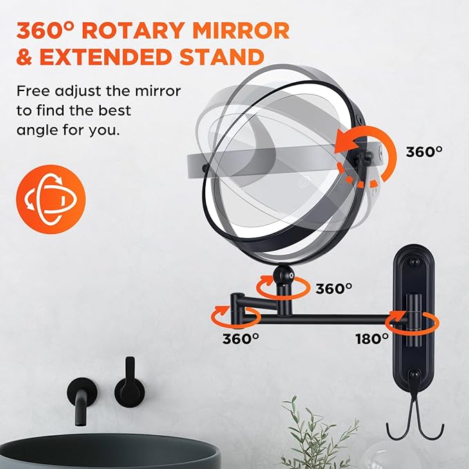 Wall Mounted Lighted Makeup Mirror, 8'' Double Sided 1X/10X Magnifying Rechargeable Vanity Mirror with Lights, 3 Color Lights Height Adjustable 360° Rotation Bathroom Mirror with Hook