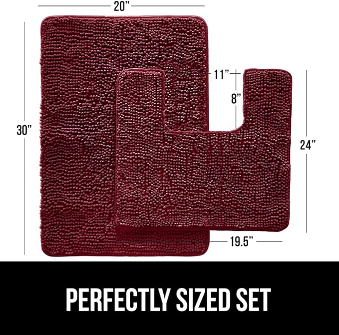 GORILLA GRIP Bathroom Rug Sets, Soft Chenille 2 Piece Area Rugs Set, Toilet Base Mat and 30x20 Carpet, Absorbent Microfiber Washable Mats Dry Quickly, Home Décor and Bath Room Accessories, Burgundy