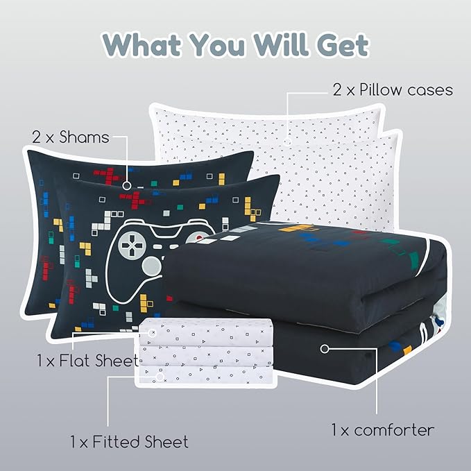 Full Size Comforter Set for Boys-7 Pieces Gamer Glow in The Dark Full Bedding Sets for Kids, Ultra Soft Bed in A Bag with Sheets