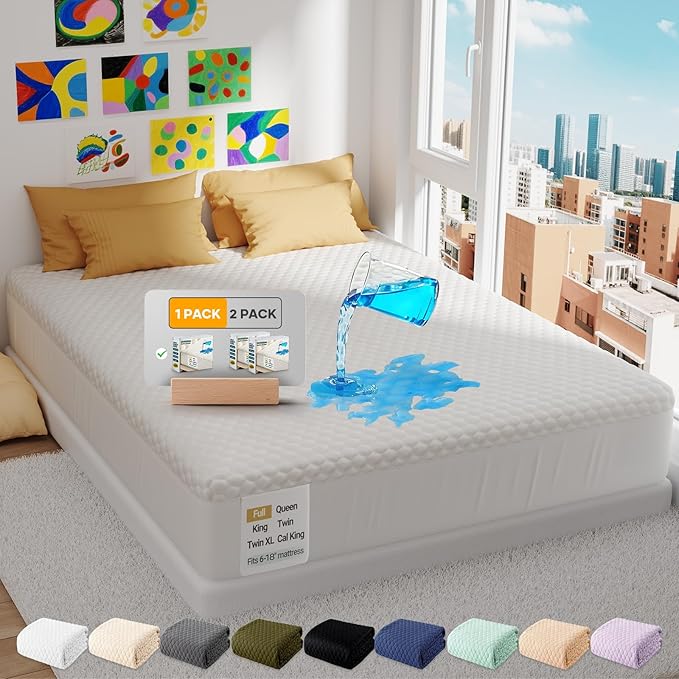 OhGeni 100% Waterproof Mattress Protector, Full Size Mattress Pad, Fits 6"-20" Mattresses with Deep Pocket, Cooling, Breathable Fitted Sheets, Soft Bed Cover, Noiseless, Machine Washable