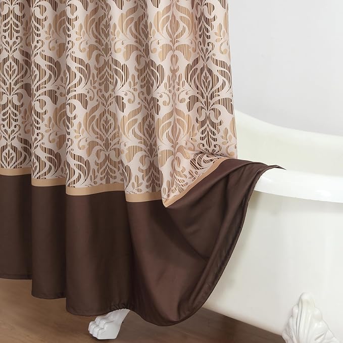 90 Inch Fabric Shower Curtain, Extra Long Brown Damask Shower Curtains for Bathroom, 72" W x 90" H