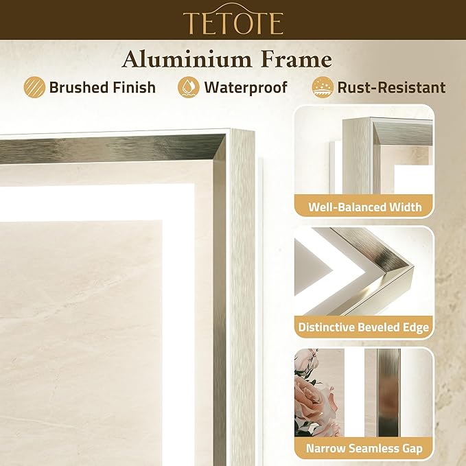 TETOTE 60 x 30 Large Bathroom Mirror Brushed Bright Nickel Metal Frame Frontlit & Backlit Vanity Mirror 3 Colors White/Warm/Natural Stepless Dimmable Anti-Fog Bathroom Mirrors for Vanity Wall-Mounted