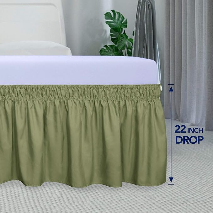 PureFit Wrap Around Ruffled Bed Skirt with Adjustable Elastic Belt - 22 Inch Drop Easy to Put On, Wrinkle Free Bedskirt Dust Ruffles, Bed Frame Cover for Queen, King and C-King Size Beds, Light Green