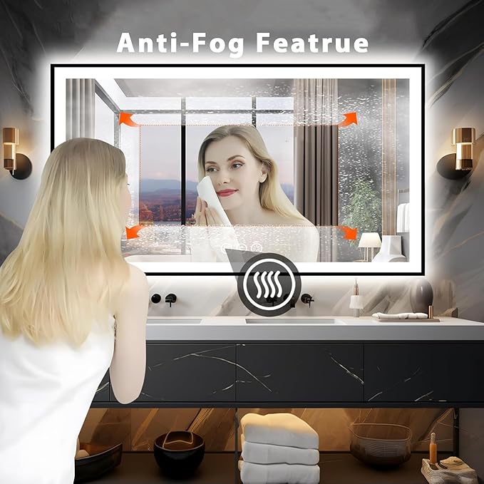 73x40 Lighted Mirrors for Bathroom Wall, Modern Rectangle Matte Black Mirror, Tempered Glass，Double Lights, 3 Colors Dimmable Temperature, IP54 Enhanced Anti-Fog, Memory (Horizontal/Vertical)