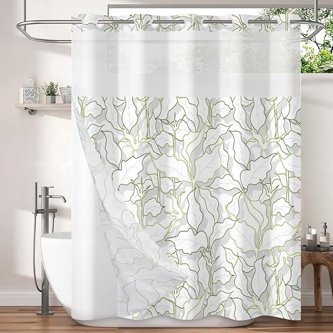 Leaves Shower Curtain No Hooks with Liner for Bathroom Decor,Green Leaves Line Shower Curtain with See Through Top Window,Modern Simple Art Hotel Style,Waterproof Washable,Easy to Install,71x74 Inch