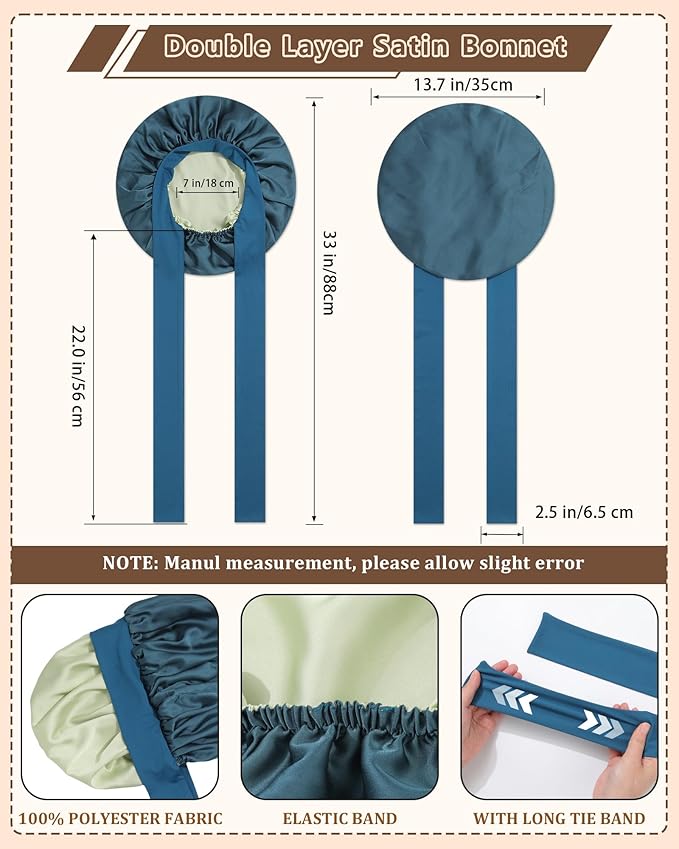 AWAYTR Women Satin Bonnet for Sleeping - Double Layer Silk Hair Bonnet with Elastic Tie Band for Braids Curly Hair