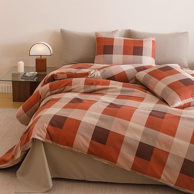 Cottonight Checkered Red Comforter Set Cal King Gingham Grid Bedding Set Red and Khaki Grid Comforter Fluffy Soft Blanket Quilts Modern Cottagecore Comforter California King Bed