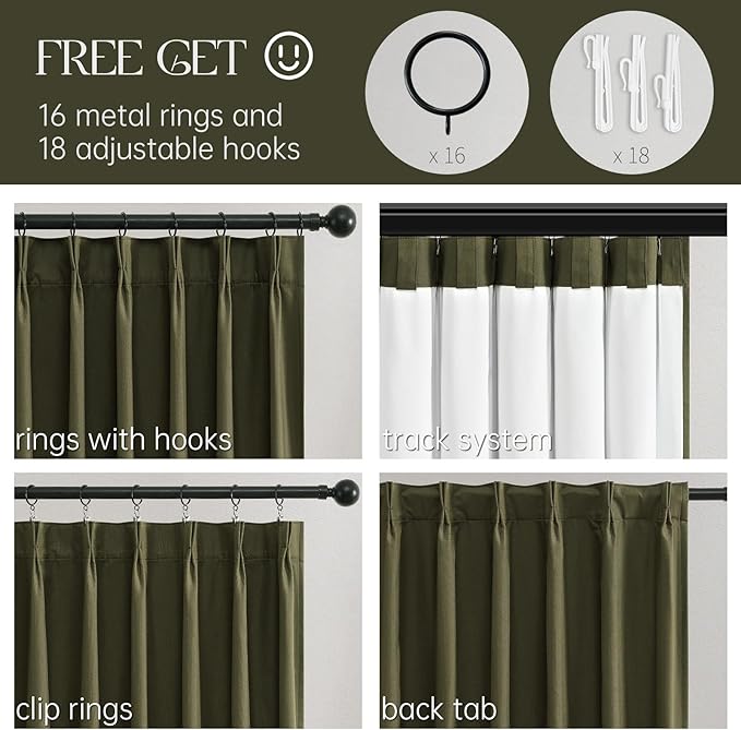 Topfinel Olive Green Linen Blackout Curtains 84 Inches Long, 100% Blackout Pinch Pleated Dark Green Boho Thermal Insulated Back Tab Curtains for Living Room Bedroom, Retro Drapes with Hooks Rings