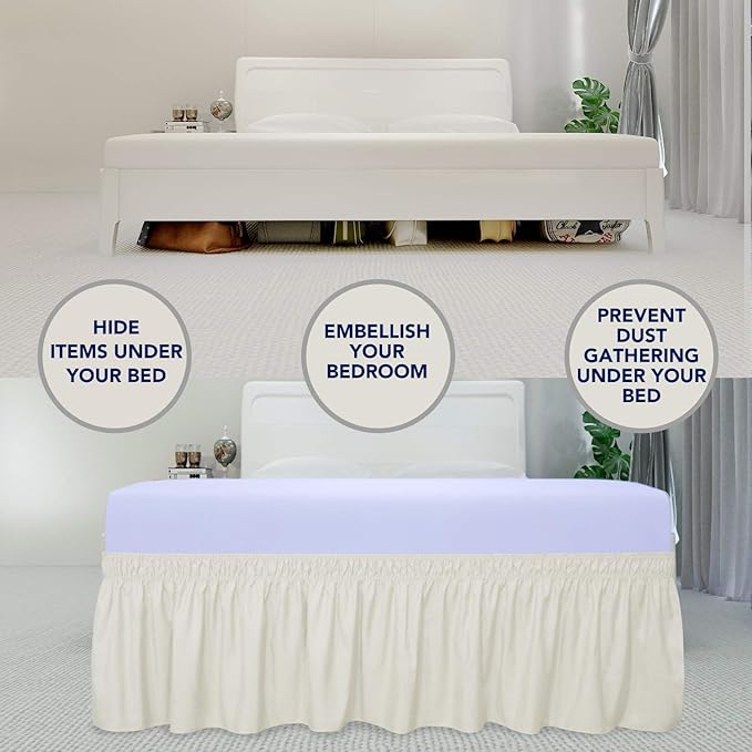 PureFit Wrap Around Ruffled Bed Skirt with Adjustable Elastic Belt - 18 Inch Drop Easy to Put On, Wrinkle Free Bedskirt Dust Ruffles, Bed Frame Cover for Twin, Twin XL and Full Size Beds, Ivory