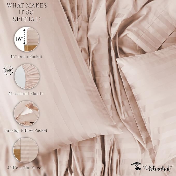 URBANHUT 1000 Thread Count Damask Striped King Size Egyptian Cotton Sheets, Long Staple Soft & Breathable, 4 Pc Bed Sheet Sets, Luxury Hotel Sateen Sheets Fits 16" Deep Pocket - Blush Pink