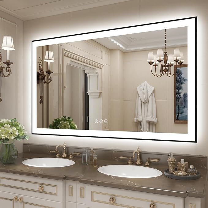 SMIROR LED Bathroom Mirror 57x36, Matte Black Framed Lighted Rectangle Vanity Mirrors for Wall, Front and Backlit, Dimmable, Anti-Fog, Memory, Shatterproof, ETL Listed (Horizontal/Vertical)