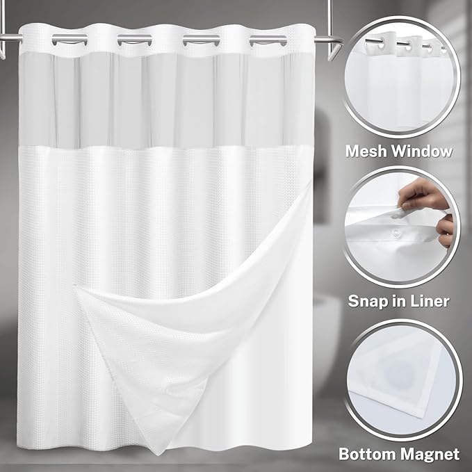 No Hook Shower Curtain with Snap in Liner Set Waffle Shower Curtain for Bathroom Hotel Style Fabric Waterproof Inner Liner，71" W x 80" H, White