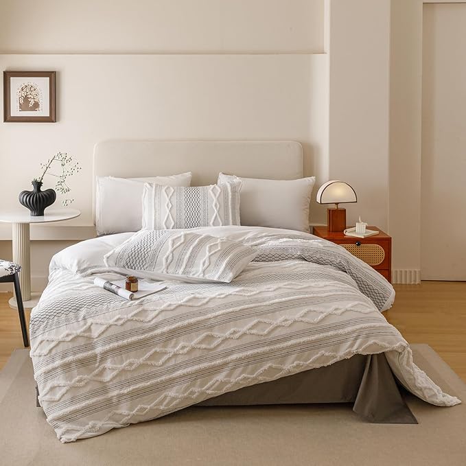 Cottonight White Black Boho Comforter Set Full Farmhouse Tufted Bedding Set Soft Bohemain Shabby Chic Blanket Quilts Embroidery Rustic Luxury Soft 3PCS Bed Set for Women Men
