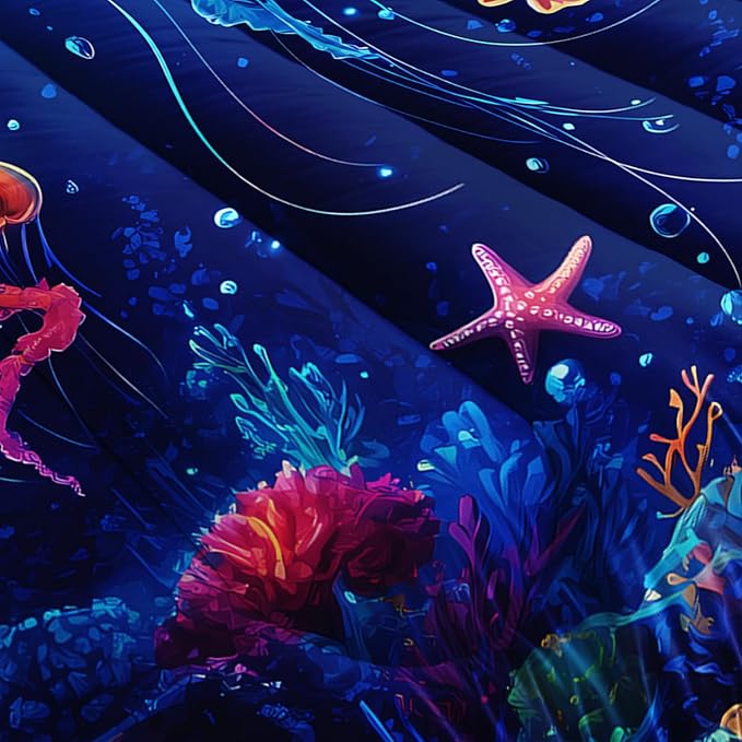Fantasy Jellyfish Comforter Full Bedding Sets for Girls Kids Toddlers,Coral Starfish Ocean Theme Bedroom Decor,Blue Underwater World Bedding Sets with 2 Pillowcases.