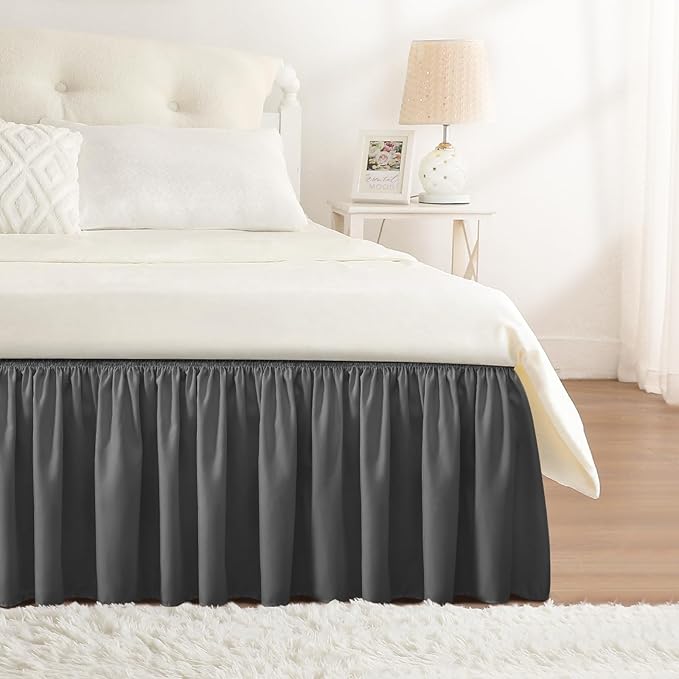 RIMELA Bed Skirt Wrap Around Elastic Dust Ruffles Solid Color Wrinkle and Fade Resistant with Adjustable Elastic Belt Easy to Install Dark Gray for King & California King Size 18 Inch Drop