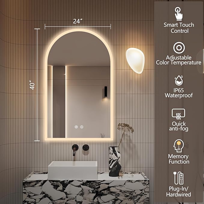 Niccy Arched LED Bathroom Mirror, 40"x24" Arch Frameless Frontlit & Backlit Mirrors for Wall, Arched Lighted Vanity Mirrors with Memory Function for Bathroom Bedroom, Defogger 3 Color, Explosion-Proof