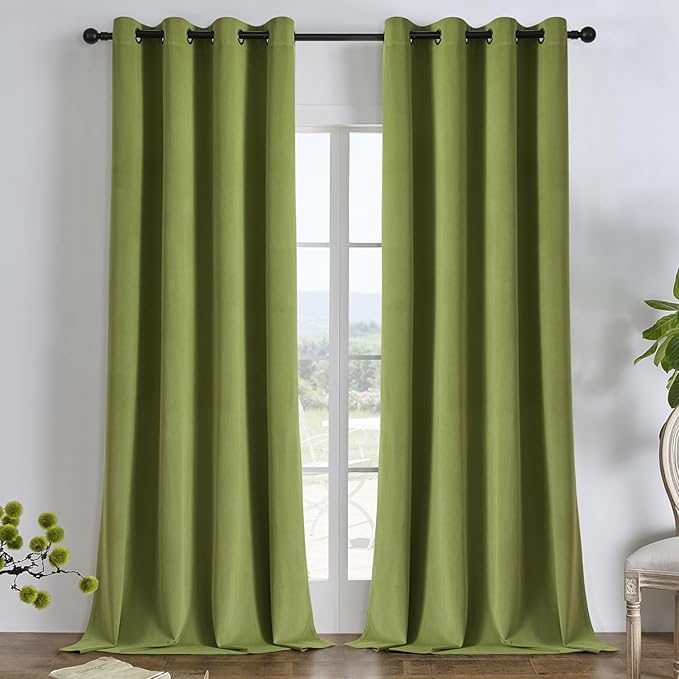 Joydeco Moss Green 100% Blackout Curtains 108 Inch 2 Panels, Luxury Thermal Green Velvet Curtains for Bedroom Living Room, Soundproof Blackout Window Drapes, Grommet Top (52W x 108L)