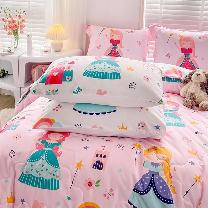 Wajade Kids Pink Princess Comforter Set Bed in A Bag Queen Size 7 Piece Princess Fairy Tales Castle Bedding Set for Girl (1 Comforter, 1 Flat Sheet, 1 Fitted Sheet, 2 Pillowcase and 2 Pillow Sham)