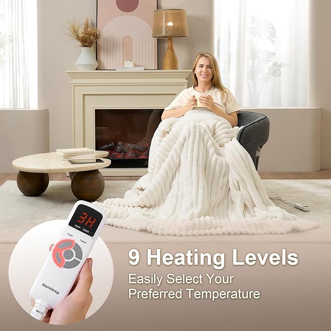 Hansleep Heated Blanket Queen Size Electrci Throw Dual Control, Heating Blanket with 9 Heating Levels and 10-Hour Timer Auto Shut Off, Washable Soft Warm Winter Blanket, 80 x 90 Inches, Beige
