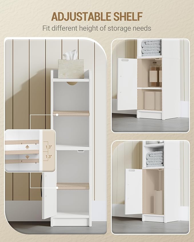 Bathroom Storage Cabinet, Small Farmhouse Corner Floor Cabinet with Door and Shelves, Narrow Toilet Paper Holder Stand, Bathroom Organizer with Adjustable Shelf, for Small Spaces, White