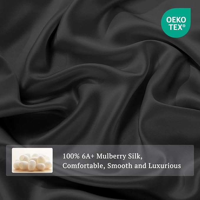 THXSILK 100% Pure Mulberry Silk Duvet Cover Set 3 Piece, 6A+ Grade Luxury Soft Bedding Silk Sheets for Hair and Skin, 1 Pcs Duvet/Quilt/Comforter Cover with 2 Zippered Pillowcases (Black, King)