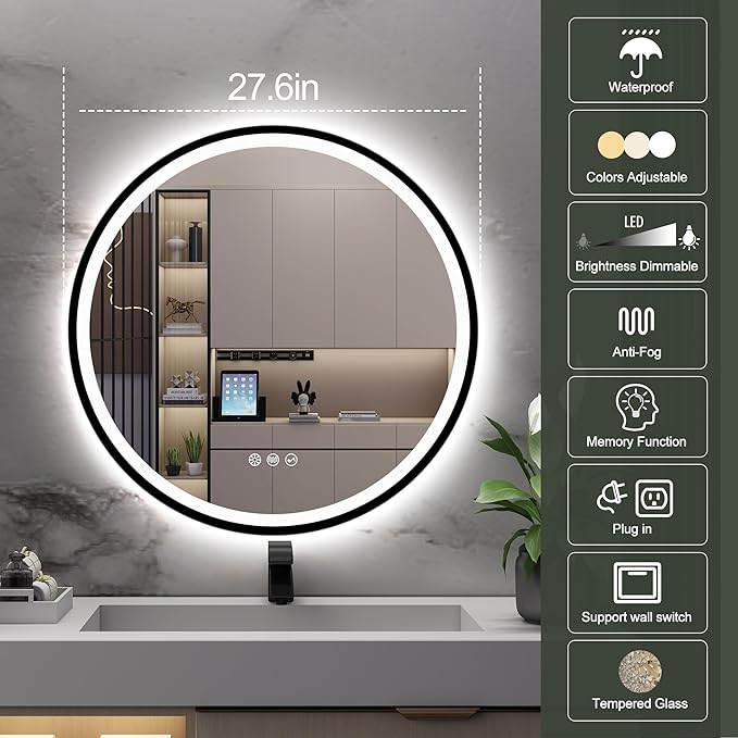 S·BAGNO 28’’ Round Led Bathroom Mirror with Lights, Bathroom Vanity Wall Mirror with Buletooth, Anti-Fog, Stepless Dimmable, 3 Colors, Tempered Glass Lighted Makeup Mirror for Bathroom