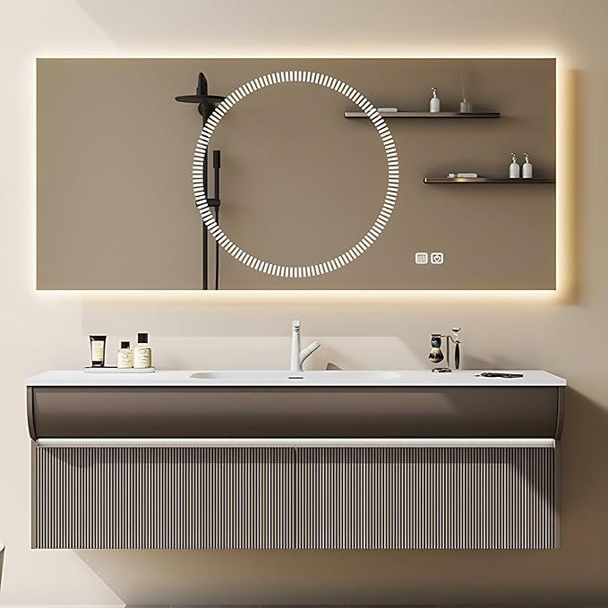 Solid Wood Bathroom Vanity Set - Wall Mounted Bathroom Cabinet with Light, Mirror with Light & Defog, Exquisite Accessories (Mirror Style, 68'')