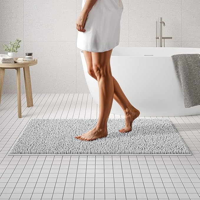 MAYSHINE Plush Shaggy Chenille Bath Mat | Extra Soft, Super Absorbent, Non-Slip Bathroom Rug | Fluffy Microfiber, Area Rug Sets for Bathroom Floor, Kitchen, Living Room | 47"x27" | White