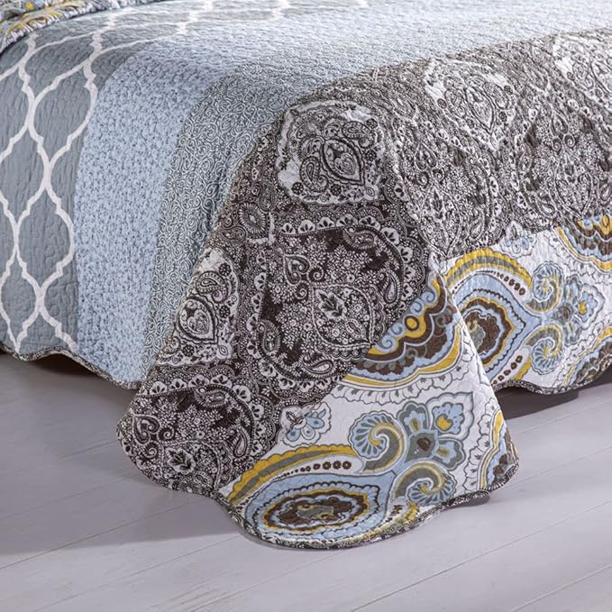 YAYIDAY Quilts Queen Size Patchwork Bedspread Set - 100% Cotton Reversible Breathable Grey Quilted Quilt with Pillow Shams Fit All Seasons