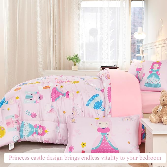 ANGIYUIN 6Pcs Pink Twin Size Comforter Set for Girls Princess Bedding Fairy Tales Castle Kids Bed in A Bag with Sheets Cute Soft Printed Girl Bedding Set for All Season