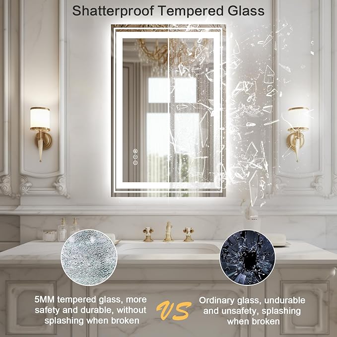 WTTY LED Bathroom Mirror with Backlit and Front Light, 27.5" X 35.4" Stepless Dimmable LED Mirror for Bathroom,Anti-Fog Lighted Bathroom Vanity Mirror Modern,Memory Function,Shatter-Proof