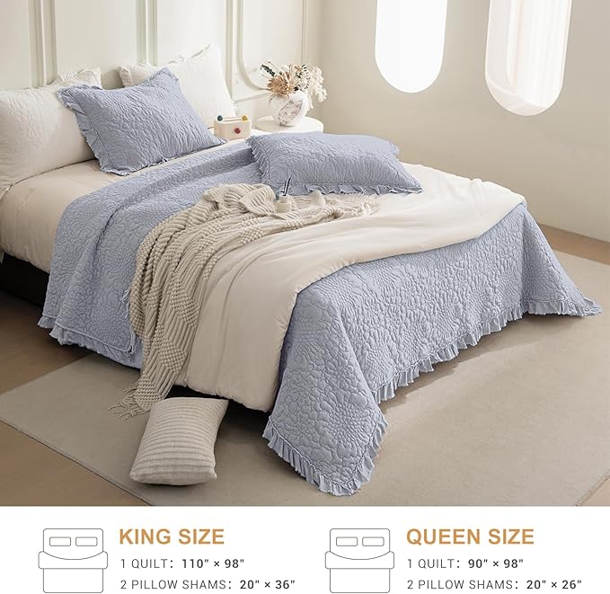 QSH 3PCs Stonewashed Cotton Quilt King (110"x98"), Cornflower Blue Ruffled Quilt King Size Bedding Set, Ultra Lightweight Soft Crinkled Bedspread Coverlet King Shabby Farmhouse Chic Bedding Set