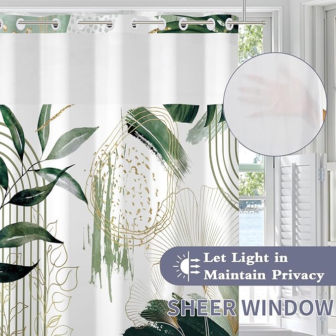 Boho Shower Curtain No Hooks with Snap in Fabric Liner Set,Modern Boho Shower Curtains Hotel Bathroom Decor,with See Through Top Window,Green Botanical Sage Fabric Waterproof Shower Curtain,71W x 74H