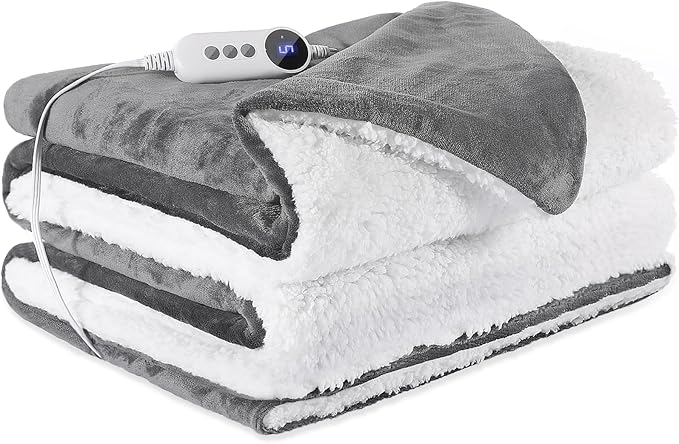 Heated Blanket 72"x84" Full Size, Dual-Sided with Soft Flannel & Sherpa Fabric, Electric Blanket with 9 Heating Levels & 2-10 Hours Auto Off, Machine Washable, Light Gray