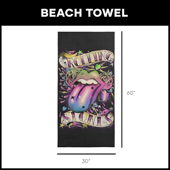 Northwest The Rolling Stones Tatto Rainbow Beach Towel, Rock and Roll Pool and Bath Towel, Soft and Absorbent, Quick Dry, 30 x 60 inches