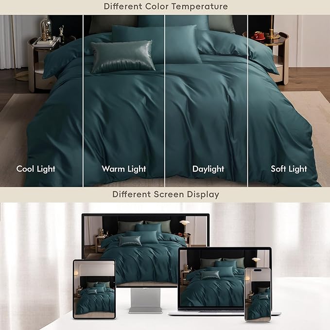 MooMee Duvet Cover Set 100% Extra Long Staple Cotton 600 Thread Count Silky Sateen Smooth Luxury Soft Breathable Durable Hotel Quality Bedding, 3 Pieces (Teal Green, King 104"x90")