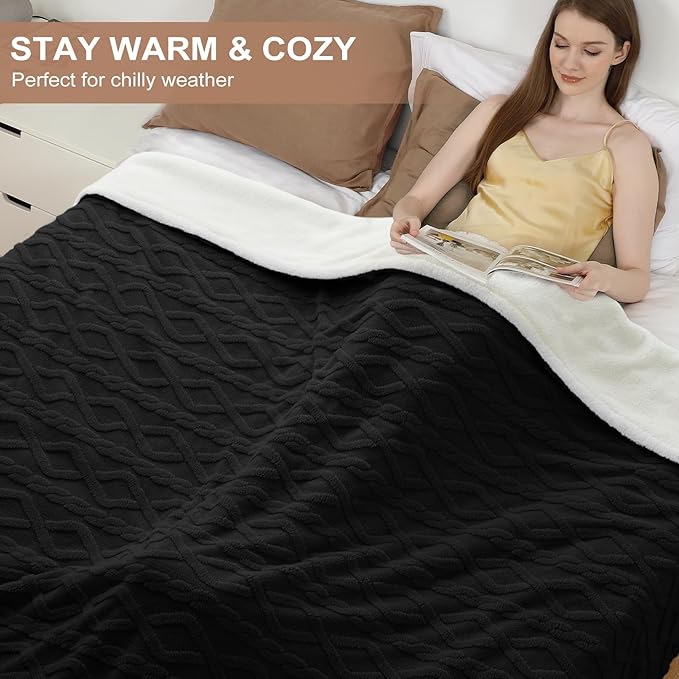 CAROMIO Electric Blanket Twin Size - Thick Tufted Sherpa Heated Blanket Twin with 10 Heating Levels and 10 Time Settings, ETL Certified Machine Washable Fast Heating Blanket Twin 62"×84", Black