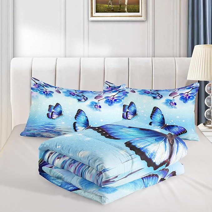 Fantasy Blue Themed Aesthetic Bedding Full Comforter Set,Butterflies on Water with Falling Flowers Comforter Sets for Kids Girls Boys,Pretty Butterfly Pattern Bedding Sets with 2 Pillowcases.