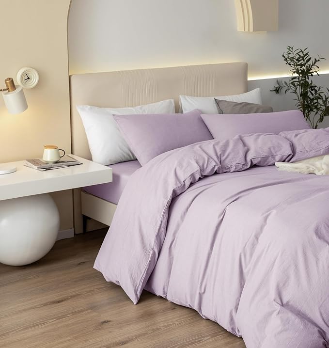 JIYUAN 100% Washed Cotton Duvet Cover Set 3 Pieces Cal King, 1 Duvet Cover 104x98 Inches(Comforter Not Included) and 2 Pillowcases,Linen Like Comfy and Breathable,Heathered Light Purple