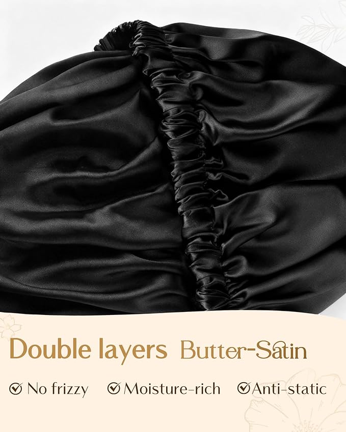 YANIBEST Adjustable Silk Bonnet Double Layer Satin Bonnet Hair Bonnet for Sleeping Bonnets for Women Hats Curly Natural Hair, Black