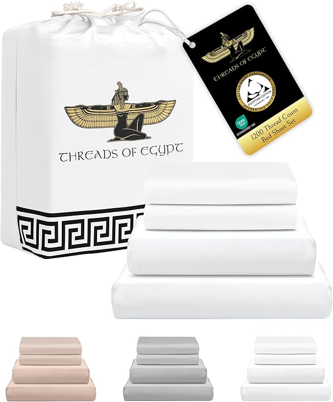 100% Egyptian Cotton Sheets King Size | 1200 Thread Count | CEA Gold Seal Certified | Ultra Soft | Cooling for Hot Sleepers | 18" Deep Pocket | King Size [White]
