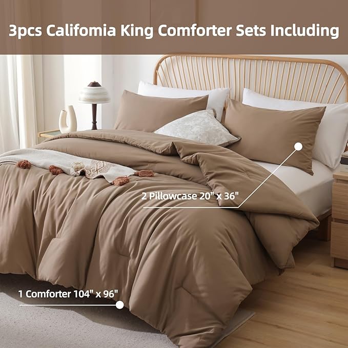 ROSGONIA California King Comforter Set Dark Khaki, 3pcs (1 Boho Cal King Comforter & 2 Pillowcases) All Season Lightweight Bedspread Bedding Blanket