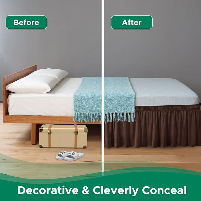 Biscaynebay Wrap Around Bed Skirts for King & Cal King Beds 14" Drop, Brown Adjustable Elastic Dust Ruffles Easy Fit Wrinkle & Fade Resistant Silky Luxurious Fabric Solid Machine Washable