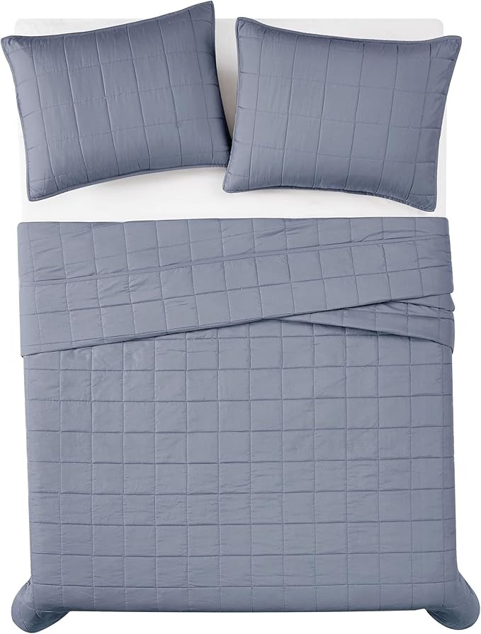 London Fog Garment Washed Solid Quilt Set Blue Microfiber 3-Piece Full/Queen Quilt Set, Solid Themed, Adult and Teen, Oeko-TEX Certified