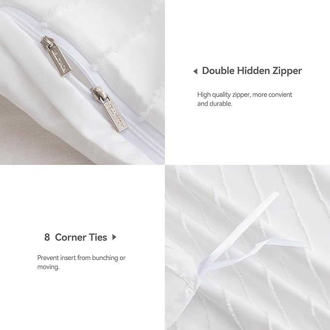 JELLYMONI Duvet Cover Twin Size Bright White - 3PCS Boho Striped Duvet Cover Set Polyester Tufted Bohemian Textured Comforter Cover 68×90in with Corner Ties & Zipper and 2 Pillowcases