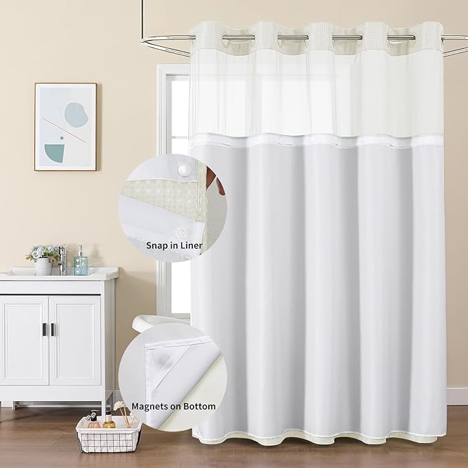 Colorful Star No Hook Shower Curtain with Snap in Fabric Liner, Waffle Weave Heavy Duty Thick Shower Curtains with Mesh Top Window, Hotel Style Waterproof Bathroom Curtain Set, 72 x 75 Inch, Ivory