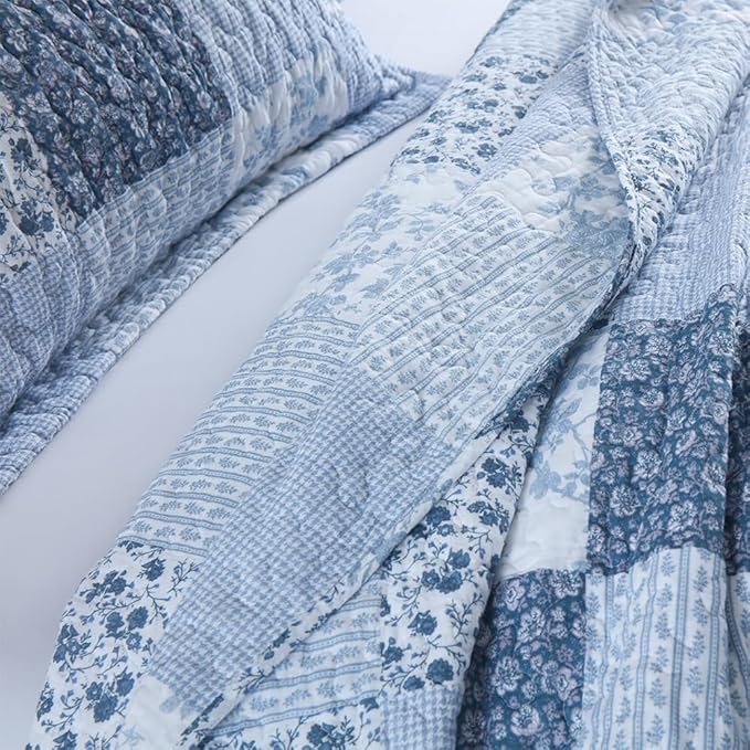 ENASAL Cotton Bedspread Quilt Bedding Sets Reversible Coverlet Sets Comforters Rustic Floral White Blue Patchwork Pattern Bedspread for All Season, King Size