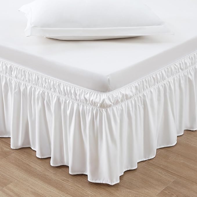 MEILA Wrap Around Bed Skirt Three Fabric Sides Elastic Dust Ruffled 16 Inch Tailored Drop,Easy to Install Fade Resistant-Natural White, Twin/Full